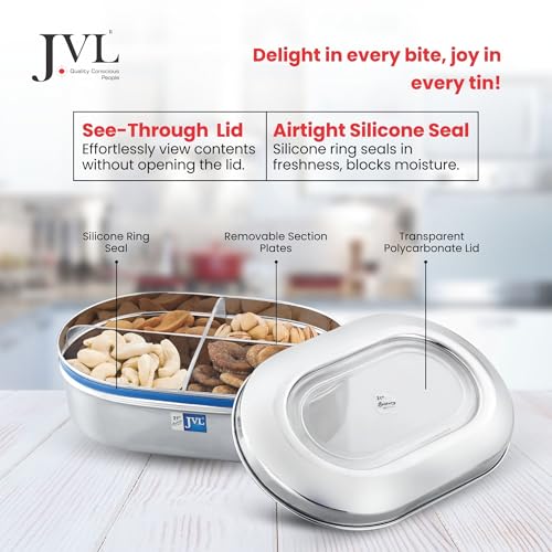 JVL Classicware Costa Capsule Dry Fruit Tin Stainless Steel Box with 4-Part Removable Tray & Transparent Airtight Lid Ideal for Dry Fruits, Sweets, Snacks & Gifting (2.1 L) - Image 3