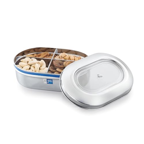 JVL Classicware Costa Capsule Dry Fruit Tin Stainless Steel Box with 4-Part Removable Tray & Transparent Airtight Lid Ideal for Dry Fruits, Sweets, Snacks & Gifting (2.1 L) - Image 1