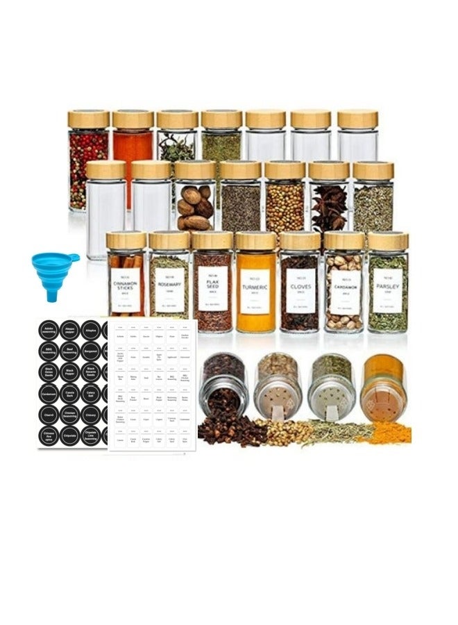 MIXDE 24-Piece Bamboo Lid Spice Jars Set 4 oz Round Glass Containers with Labels,Stickers, Collapsible Funnel - Image 1