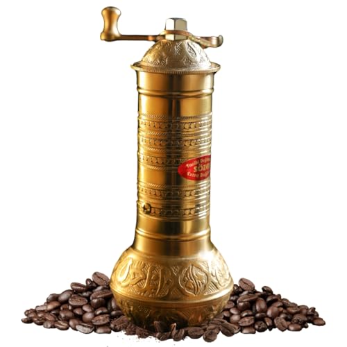 Ottoman Inspirations Sozen 7.6" Hammered Manual Coffee Grinder Brass – Hand Crank Burr Mill for Turkish Coffee, French Press, Espresso, Camping & Home Use – Portable Coffee Bean Grinder, Adjustable Conical Grinder - Image 1