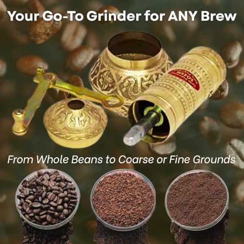 Ottoman Inspirations Sozen 7.6" Hammered Manual Coffee Grinder Brass – Hand Crank Burr Mill for Turkish Coffee, French Press, Espresso, Camping & Home Use – Portable Coffee Bean Grinder, Adjustable Conical Grinder - Image 3