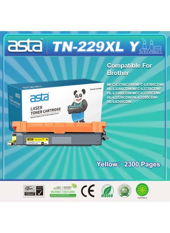 استا خرطوشة حبر أصفر ASTA TN-229XL مزودة بشريحة، متوافقة مع طابعات Brother MFC-L3780CDW، MFC-L8395CDW، HL-L3280CDW، MFC-L3720CDW، HL-L3300CDW، MFC-L3765CDW، HL-L3220CDW، HL-L3295CDW، HL-L8245CDW. طباعة عالية الجودة، صديقة للبيئة وآمنة. - Image 1