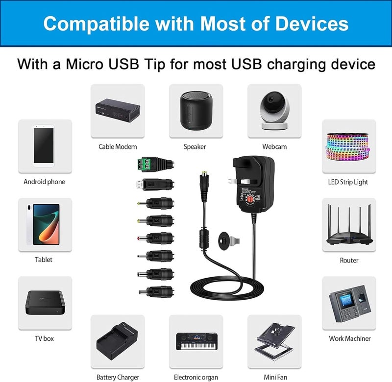 Light & sturdy LinJie 30W Universal AC/DC Adapter Switch Power Supply, Universal AC Power Adapter With 8 Optional Adapte r Plugs, Suitable For 3V 4.5V 5V 6V 7.5V 9V 12V Household Electronic Products And LED Strips Daily use improved quality - Image 4