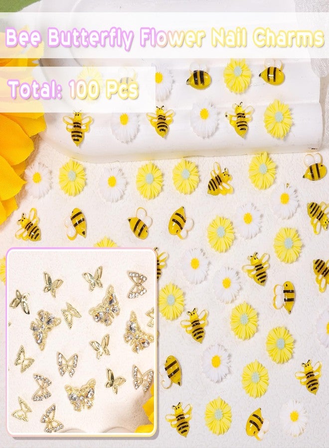 CESUSME 100 Pcs 3D Bee Flower Cute Nail Charms, Alloy Y2K Gold Butterfly Bee Nail Gems Charms, Yellow Daisy Sunflower Acrylic Nail Art Charms for Nail Art Supplies Accessories - Image 2