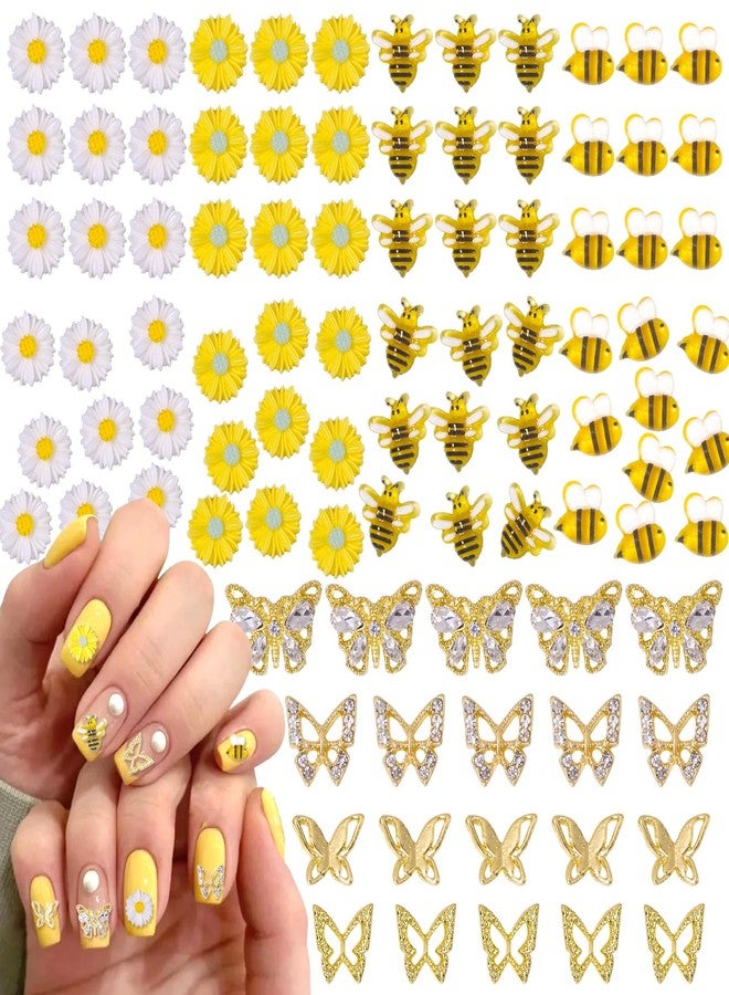 CESUSME 100 Pcs 3D Bee Flower Cute Nail Charms, Alloy Y2K Gold Butterfly Bee Nail Gems Charms, Yellow Daisy Sunflower Acrylic Nail Art Charms for Nail Art Supplies Accessories - Image 1