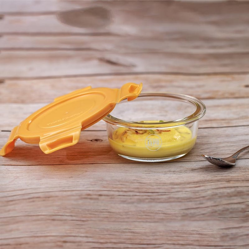 IVEO Borosilicate Glass Container Fresh Nano Microwave Safe Mini Food Container Lunch Box for Carrying and Storing Food Air Tight Leak Proof Food Storage 210 ml Round 1 Pc Yellow - Image 1