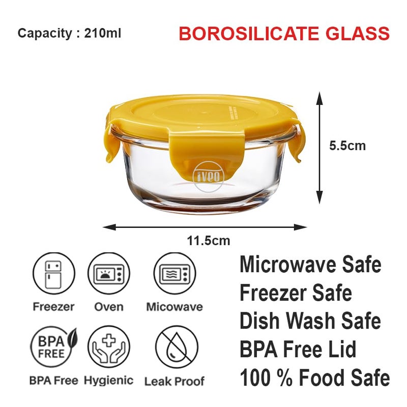 IVEO Borosilicate Glass Container Fresh Nano Microwave Safe Mini Food Container Lunch Box for Carrying and Storing Food Air Tight Leak Proof Food Storage 210 ml Round 1 Pc Yellow - Image 5
