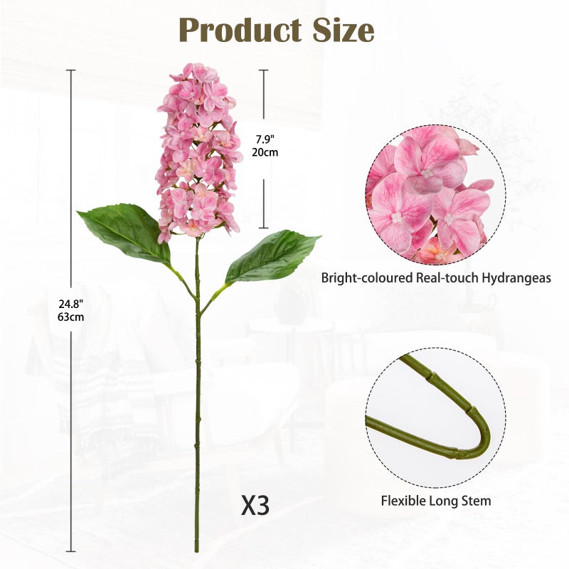 Arborus Artificial Hydrangea Flowers Real Touch â€“ 3PCS 24.8" Faux Cone Hydrangea Stems for Tall Vases, Home DÃ©cor, Wedding Centerpieces, Floral Arrangements â€“ Soft Pink - Image 2