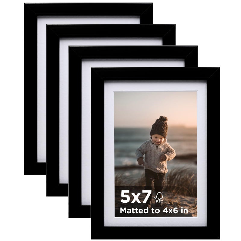 KINLINK 5x7 Picture Frame Black Set of 4 Wooden Photo Frames Matted 4x6 with Plexiglass for 4x6 with Mat or 5x7 without Mat for Table and Wall Display