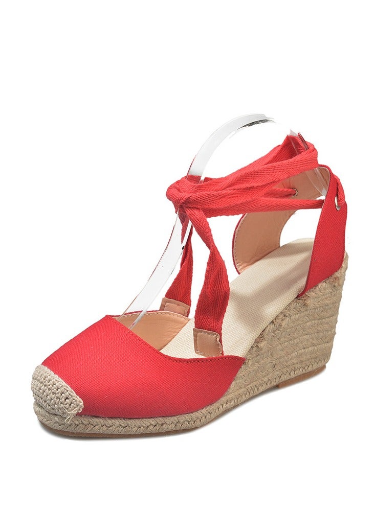NIBEMINENT Straw Plus-size Sandals for Women Rope Closed Toe Espadrille Wedge Strap Sandals - Image 1