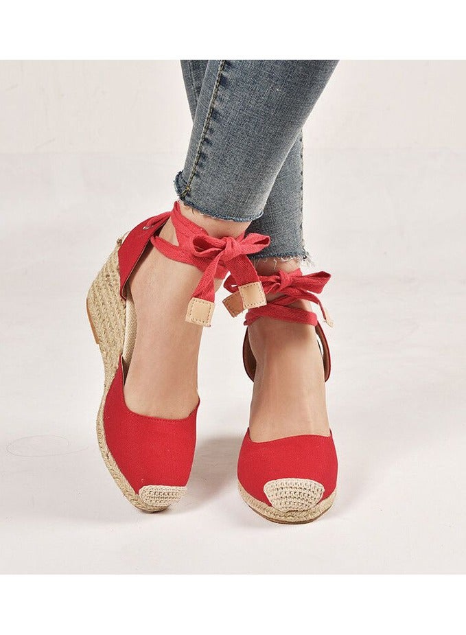 NIBEMINENT Straw Plus-size Sandals for Women Rope Closed Toe Espadrille Wedge Strap Sandals - Image 3
