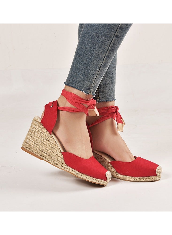 NIBEMINENT Straw Plus-size Sandals for Women Rope Closed Toe Espadrille Wedge Strap Sandals - Image 4