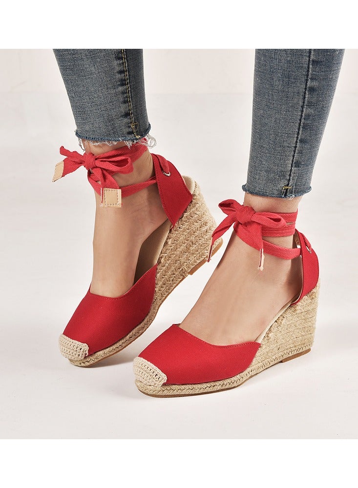NIBEMINENT Straw Plus-size Sandals for Women Rope Closed Toe Espadrille Wedge Strap Sandals - Image 5