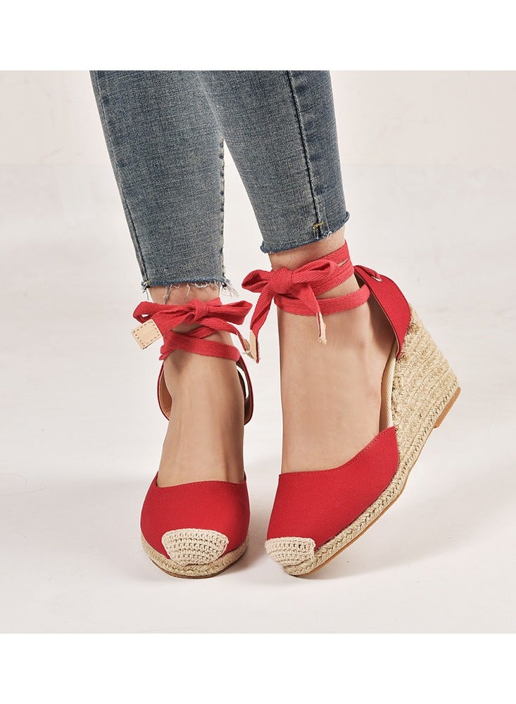 NIBEMINENT Straw Plus-size Sandals for Women Rope Closed Toe Espadrille Wedge Strap Sandals - Image 2