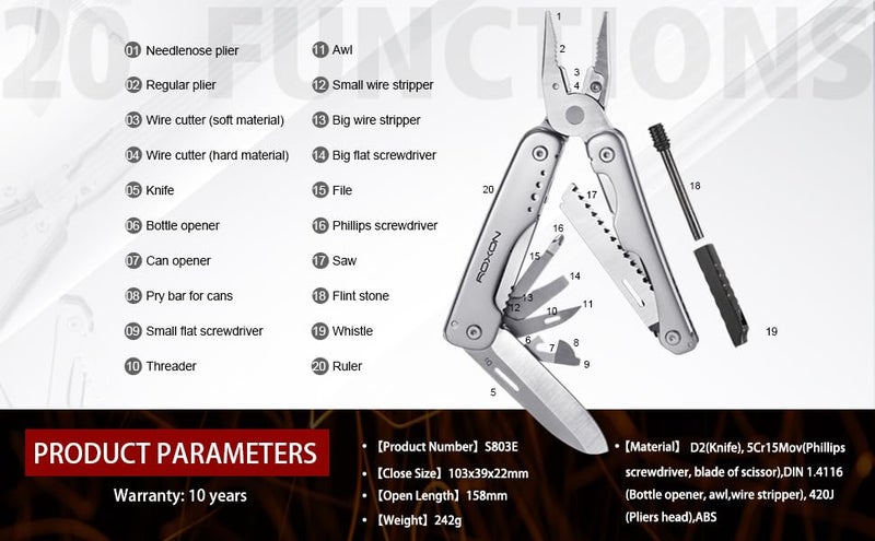 ROXON S803E Elite Flash Multitool with 20 functions including strong pliers, Flint Rod, full-size lockable blades for Outdoor Essential Survival Tool (D2 Blade) - Image 2