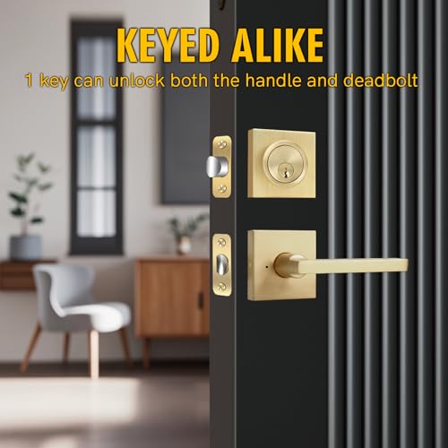 Cielsa Dawn Gold Heavy Duty Privacy Lever Door Handle and Single Cylinder Deadbolt Lock and Key Combo Pack - Locking Lever Set for Left or Right-Handed Doors - Exterior Door Levers - Satin Brass - Image 2