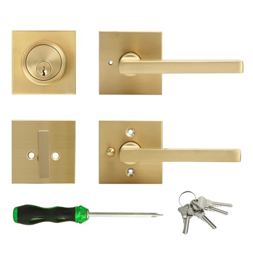 Cielsa Dawn Gold Heavy Duty Privacy Lever Door Handle and Single Cylinder Deadbolt Lock and Key Combo Pack - Locking Lever Set for Left or Right-Handed Doors - Exterior Door Levers - Satin Brass - Image 1