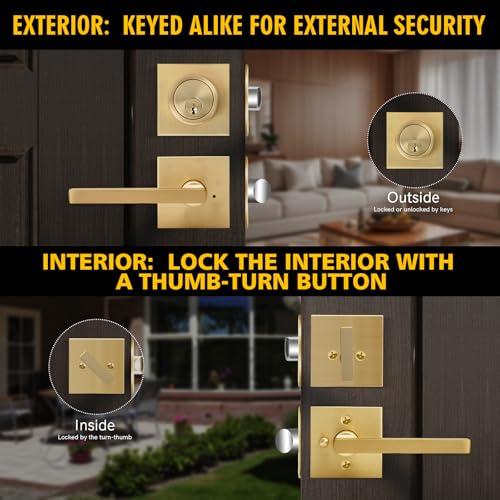 Cielsa Dawn Gold Heavy Duty Privacy Lever Door Handle and Single Cylinder Deadbolt Lock and Key Combo Pack - Locking Lever Set for Left or Right-Handed Doors - Exterior Door Levers - Satin Brass - Image 4