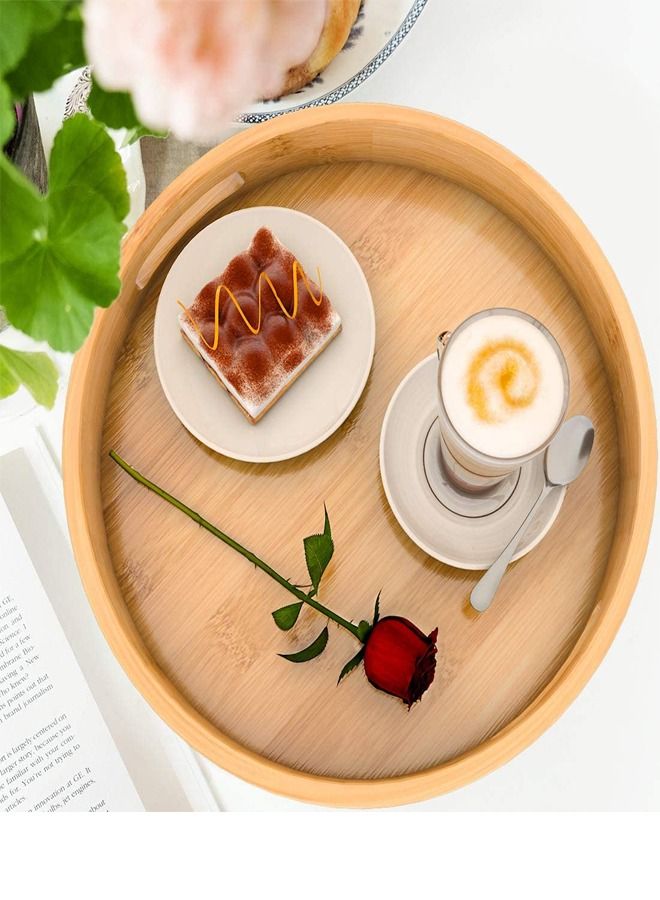 NKX 4-Piece Stackable Round Bamboo Table Serving Tray with Handle  - Image 2