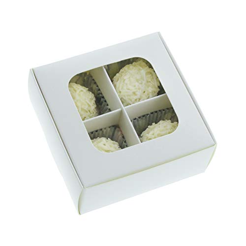 GRETEL BAKING 20pcs White Treat Boxes with Window and Dividers | 4 X-SMALL compartments | 3.5 x 3.5 x 1.57 in | Empty candy boxes for gift giving, truffle box - perfect for Valentine's Day - Image 1