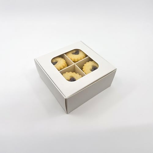 GRETEL BAKING 20pcs White Treat Boxes with Window and Dividers | 4 X-SMALL compartments | 3.5 x 3.5 x 1.57 in | Empty candy boxes for gift giving, truffle box - perfect for Valentine's Day - Image 4