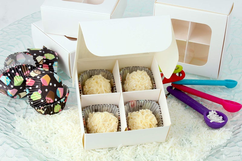 GRETEL BAKING 20pcs White Treat Boxes with Window and Dividers | 4 X-SMALL compartments | 3.5 x 3.5 x 1.57 in | Empty candy boxes for gift giving, truffle box - perfect for Valentine's Day - Image 2