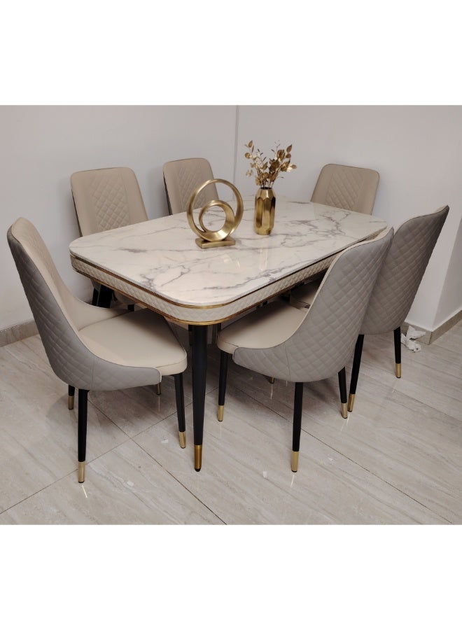 LHFHOMT-7-Pieces Dining Set, (Free Installation) 1 Piece Marble Top Rectangular Table With with 6 Upholstered Leather Chairs Modern Design Furniture for Home, Kitchen, Dining Room, Restaurant - Image 1