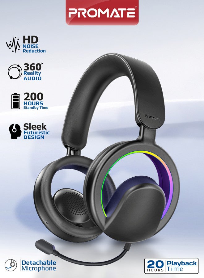 Novon Open-Ear Bluetooth Headphones with Detachable Mic, RGB Light Modes, 40mm Dynamic Drivers, 20H Battery, Bluetooth v6.0, ABS-PC Build for Gaming, Workouts, and Streaming Black