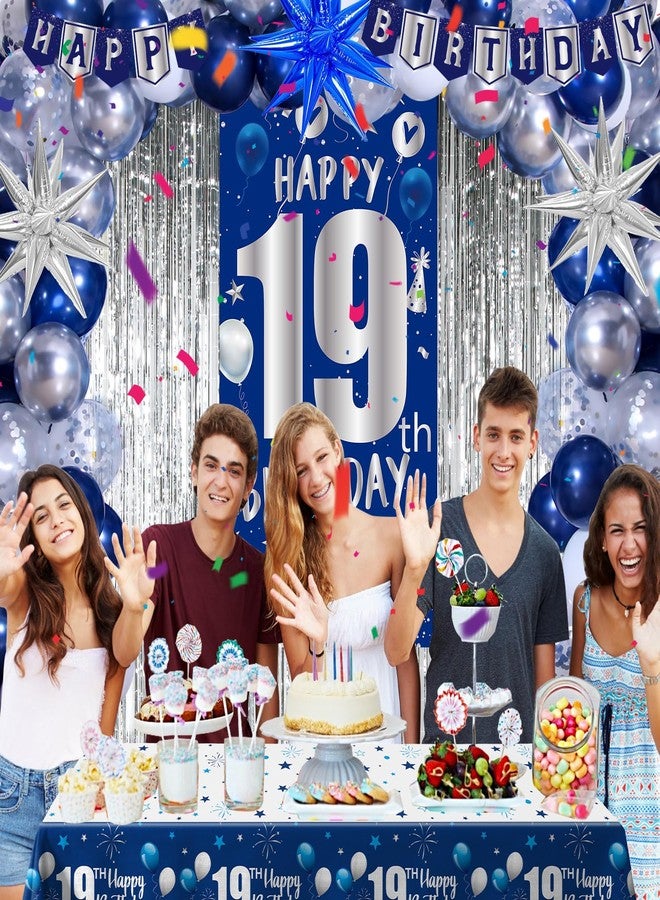 Pounira 19th Birthday Decorations for Boys Men, Happy 19th Birthday Decorations Boy Girls 19 Birthday Door Banner, 19th Bday Party Balloons for Men, Tablecloth Foil Backdrop Star Balloons for 19 Year Old - Image 2