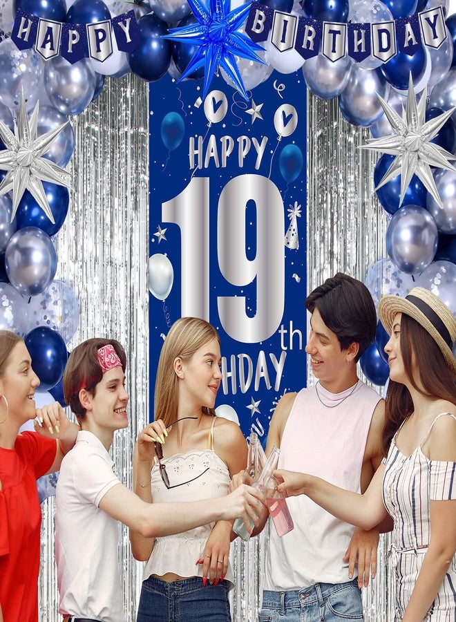 Pounira 19th Birthday Decorations for Boys Men, Happy 19th Birthday Decorations Boy Girls 19 Birthday Door Banner, 19th Bday Party Balloons for Men, Tablecloth Foil Backdrop Star Balloons for 19 Year Old - Image 4