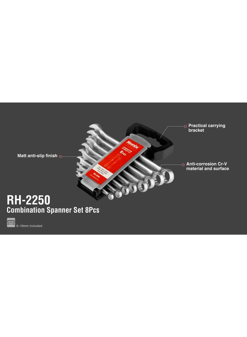 Ronix RH-2250 8pc Spanner Set 6-19mm Cr-V, 15° Ring Anti-Rust, German Engineering #Ronix RH-2250 - Image 3