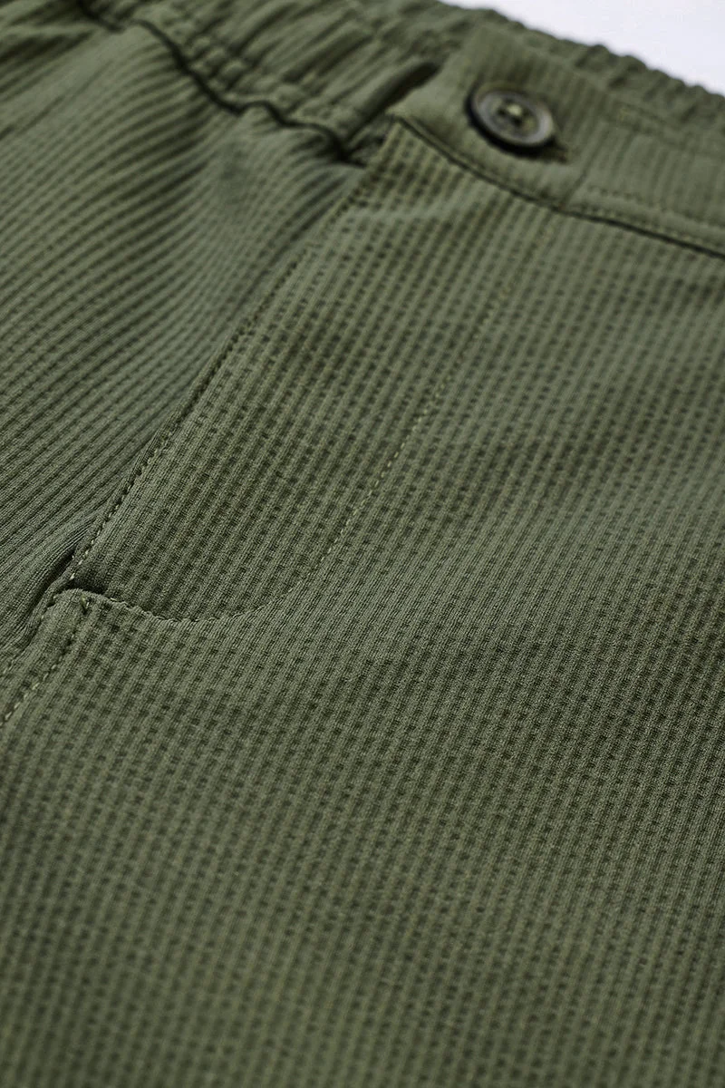 SNITCH Dark Green Textured Regular Fit Casual Trousers