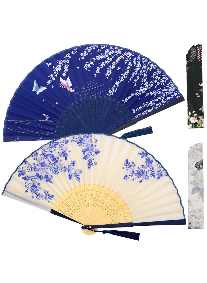 Zolee Zolee 2 PCS Small Folding Hand Fans for Women  Chinese Japanese Vintage Bamboo Silk Fans  for Dance Performance Decoration Wedding PartyGift White Rose  Blue Sakura 