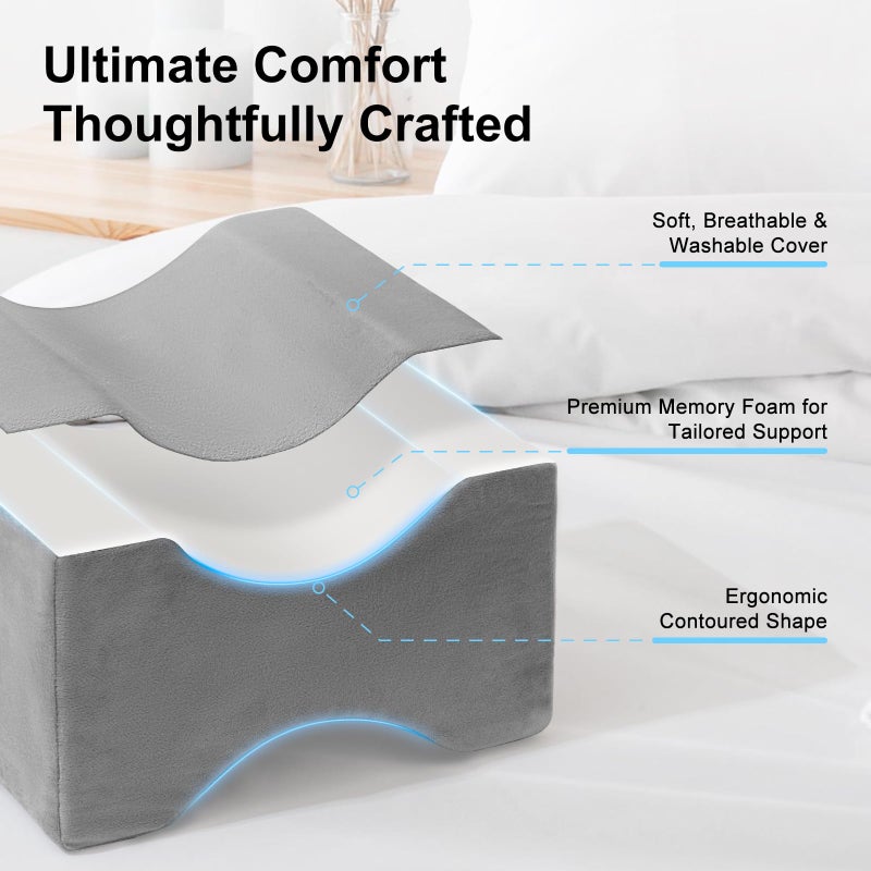 UJPFEO Knee Pillow for Side Sleepers,Memory Foam Leg Pillow for Side Sleeping Between Knees,Knee Cushions for Hip,Back,Joints,Sciatica Pain Relief Pillows,Spinal Alignment Support,Natural Grey - Image 2