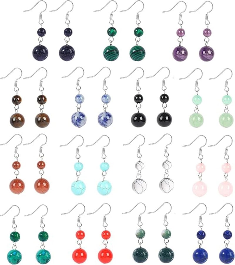 Excefore 15 Pairs Natural Stone Earrings Dangle Earrings for Women Chakra Healing Crystal Earrings Colorful Beaded Earrings Lightweight Birthday Gifts for Women - Image 1