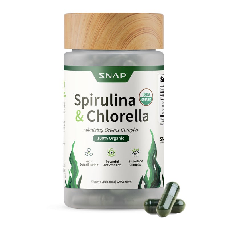Snap Supplements Organic Spirulina and Chlorella Protein Rich Blue Green Algae Superfood Supplement for Energy and Immune Support 120 Vegetarian Capsules 30 Servings 1 Month Supply