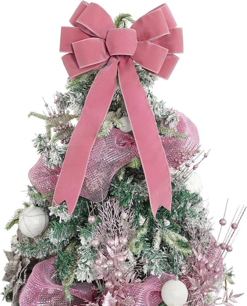 LiBongTa 13" Dusty Rose Pre-Tied Velvet Bow For Christmas Tree, Pink Bow For Wreaths, Wedding, Premade Bows with Twist Tie, Tree Toppers Bows for Party Favor, Christmas Home Indoor Outdoor Decor-1 PCs - Image 1