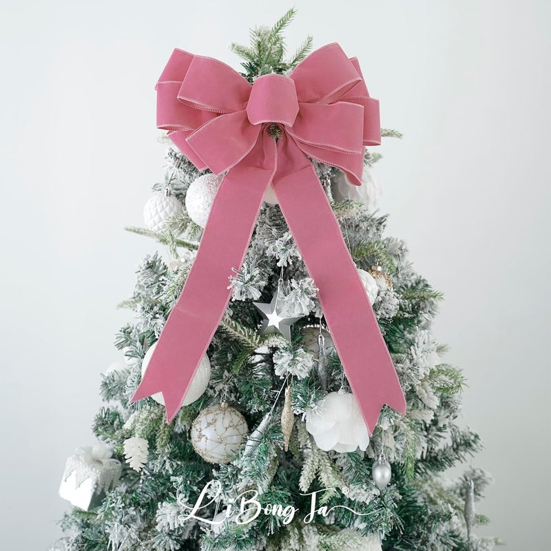 LiBongTa 13" Dusty Rose Pre-Tied Velvet Bow For Christmas Tree, Pink Bow For Wreaths, Wedding, Premade Bows with Twist Tie, Tree Toppers Bows for Party Favor, Christmas Home Indoor Outdoor Decor-1 PCs - Image 5