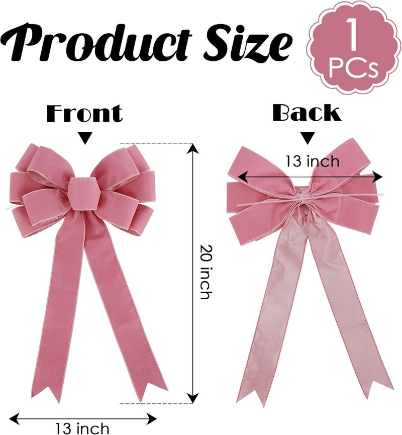 LiBongTa 13" Dusty Rose Pre-Tied Velvet Bow For Christmas Tree, Pink Bow For Wreaths, Wedding, Premade Bows with Twist Tie, Tree Toppers Bows for Party Favor, Christmas Home Indoor Outdoor Decor-1 PCs - Image 2