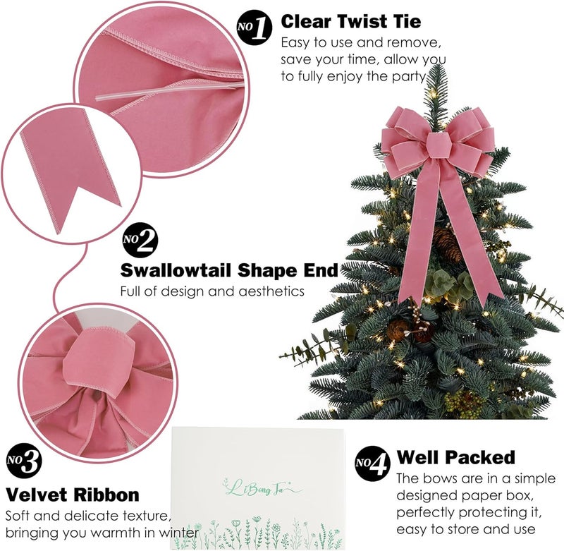 LiBongTa 13" Dusty Rose Pre-Tied Velvet Bow For Christmas Tree, Pink Bow For Wreaths, Wedding, Premade Bows with Twist Tie, Tree Toppers Bows for Party Favor, Christmas Home Indoor Outdoor Decor-1 PCs - Image 3