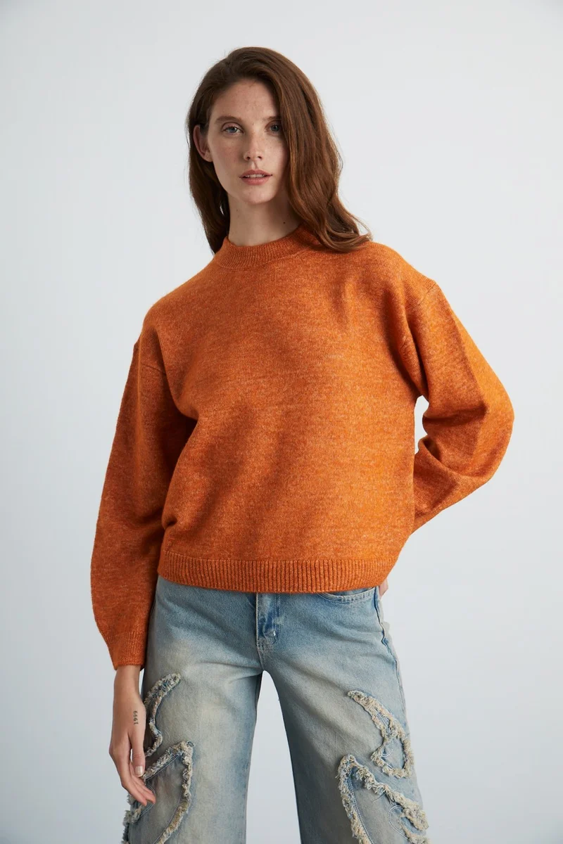 GRIMELANGE Nanna Women's Acrylic-Polyester Round Neck Oversize Knitwear Orange Sweater