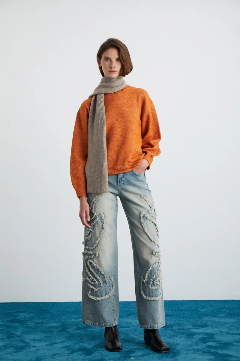 GRIMELANGE Nanna Women's Acrylic-Polyester Round Neck Oversize Knitwear Orange Sweater