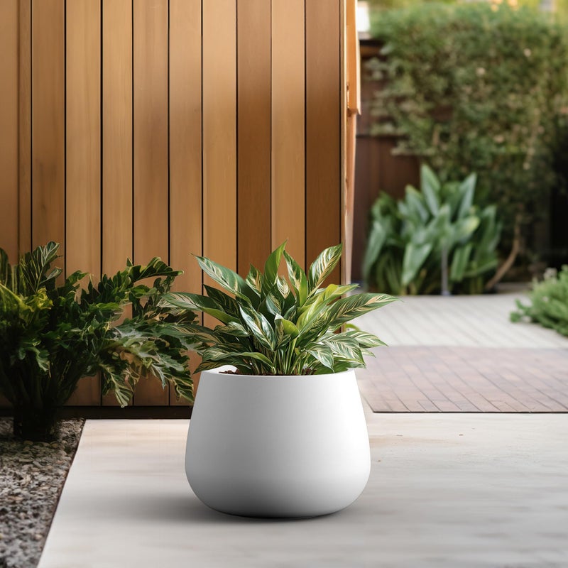 Kante 18.1" Dia Round Concrete Planter, Curva Style Garden Pot with Drainage Hole for Indoor & Outdoor Plants, Ideal for Tree, Flowers, Shrubs, White Finish with Painted Interior - Image 4