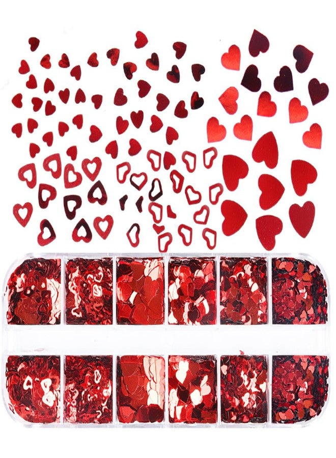 Mkwntg Love Heart Nail Art Glitter Sequins 3D Valentine's Nail Art Stickers Holographic Love Heart Nail Charms Flakes Love Heart Nail Sequins Sparkle for Acrylic Nail Supplies Manicure 12 Grids - Image 2