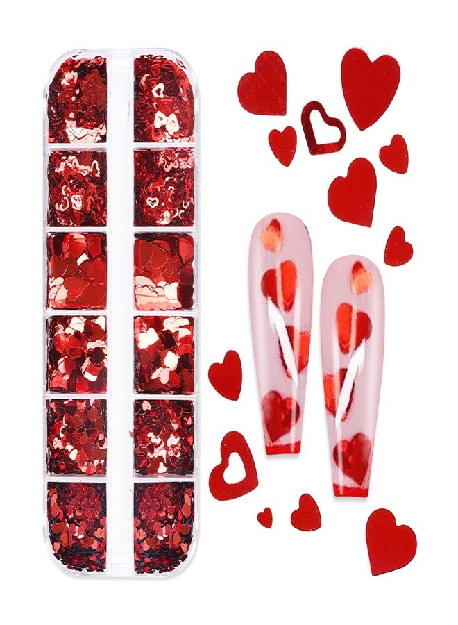 Mkwntg Love Heart Nail Art Glitter Sequins 3D Valentine's Nail Art Stickers Holographic Love Heart Nail Charms Flakes Love Heart Nail Sequins Sparkle for Acrylic Nail Supplies Manicure 12 Grids - Image 1