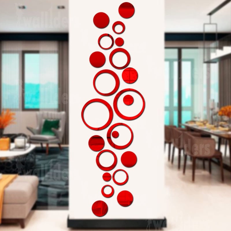 Wall1ders Wall1ders 12 Rings 12 Circles Mirror Stickers for Wall Acrylic Mirror Wall Decor Sticker Wall Mirror Stickers Acrylic Stickers Wall Stickers for Hall Room Bed Room Kitchen Red