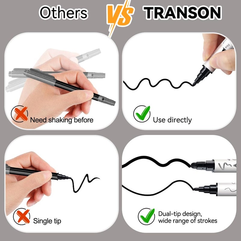 TRANSON 8 Pack Black Bold and Fine Dual-tip Acrylic Paint Marker for DIY Glass Canvas Wood Leather Ceramic Rock Painting - Image 5