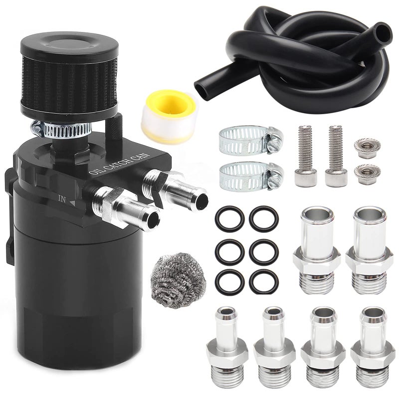 POSENG Universal Polish Baffled Reservoir Oil Catch Can Kit with Breather Filter Aluminum Black