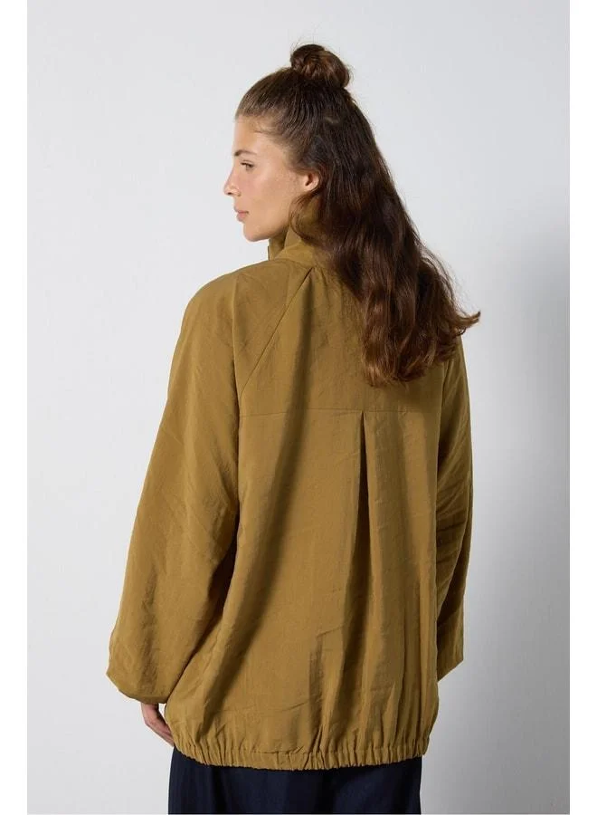 mina aise Women's Olive Green Straight-Collar Oversized Modal-Lined Trench Coat 32006.
