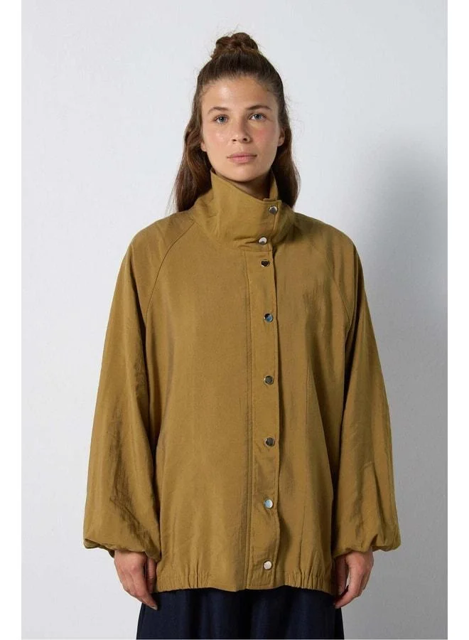 mina aise Women's Olive Green Straight-Collar Oversized Modal-Lined Trench Coat 32006.